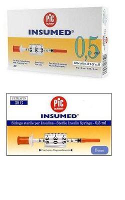 SIRINGA PER INSULINA PIC INSUMED 0,5 ML 100 UI AGO GAUGE 30 LUNGHEZZA 8 MM SENZA SPAZIO MORTO 3 SACCHETTI DA 10 PEZZI - famajoy.it