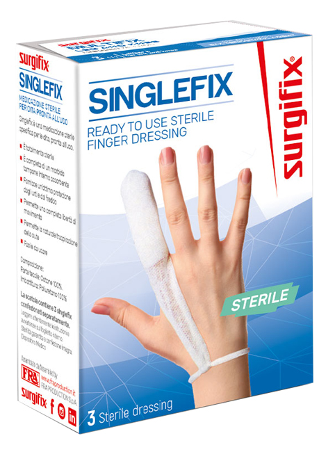 MEDICAZIONE STERILE PER DITO SINGLEFIX, COSTITUITA DA UNA GUAINA IN COTONE E DA UN'IMBOTTITURA INTERNA ASSORBENTE. SI APPLICA DIRETTAMENTE SULLA FERITA E SI FISSA AL POLSO - famajoy.it
