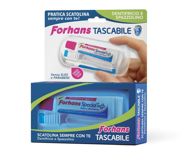 FORHANS TRAVEL KIT TASCABILE COMPOSTO DA SPAZZOLINO DA VIAGGIO + FORHANS SPECIAL PASTA DENTIFRICIA TUBETTO 12,5 ML - famajoy.it