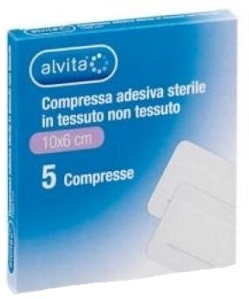 ALVITA GARZA COMPRESSA ADESIVA STERILE IN TESSUTO NON TESSUTO ESTENSIBILE BIANCO 10X6CM 5 PEZZI - famajoy.it