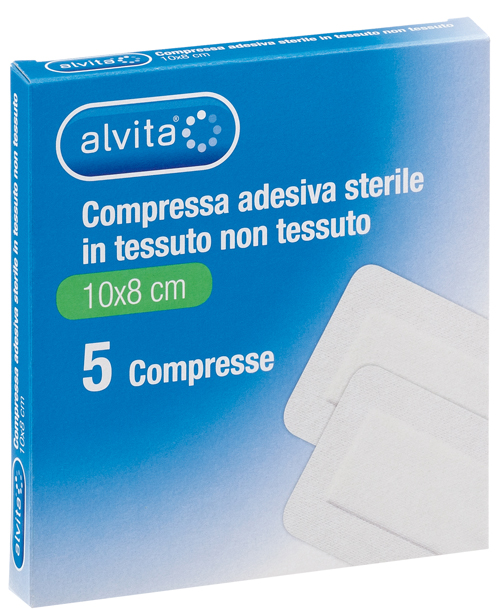 ALVITA GARZA COMPRESSA ADESIVA STERILE IN TESSUTO NON TESSUTO ESTENSIBILE BIANCO 10X8CM 5 PEZZI - famajoy.it
