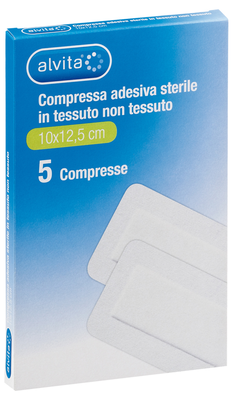 ALVITA GARZA COMPRESSA ADESIVA STERILE IN TESSUTO NON TESSUTO ESTENSIBILE BIANCO 10X12,5CM - famajoy.it