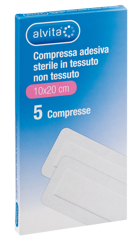 ALVITA GARZA COMPRESSA ADESIVA STERILE IN TESSUTO NON TESSUTO ESTENSIBILE BIANCO 10X20CM 5 PEZZI - famajoy.it