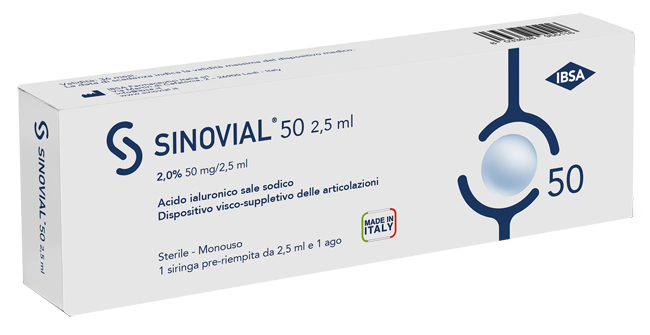 SIRINGA INTRA-ARTICOLARE SINOVIAL 50 ACIDO IALURONICO SALE SODICO 2% 50MG/2,5ML 2,5ML + AGO 21 GAUGE - famajoy.it