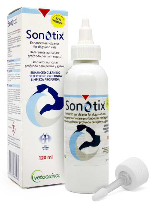 SONOTIX DETERGENTE AURICOLARE PROFONDO CANI E GATTI 120 ML + CANNULA CORTA RIGIDA + CANNULA LUNGA FLESSIBILE - famajoy.it