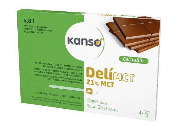 KANSO DELIMCT CACAO BAR 21% TAVOLETTA CHETOGENICA AL CACAO CON ACIDI GRASSI A CATENA MEDIA 4 MONOPORZIONI DA 25 G - famajoy.it
