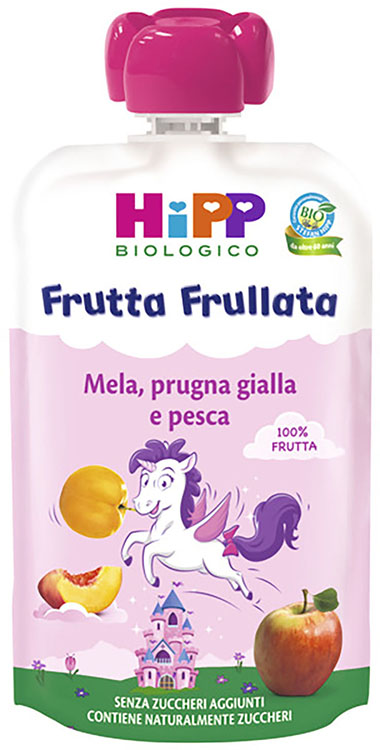HIPP BIO FRUTTA FRULLATA UNICORNO MELA PRUGNA GIALLA PESCA 90 G - famajoy.it