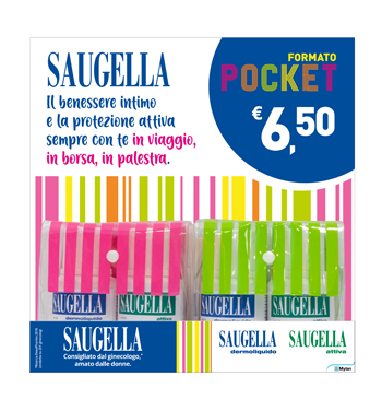 SAUGELLA POCKET ESPOSITORE 8 POCHETTE DERMOLIQUIDO 100ML + ATTIVA 100ML - famajoy.it