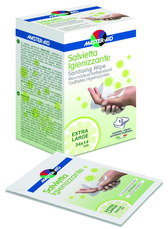 MASTER-AID SAVIETTA IMPREGNATA DI SOLUZIONE IGIENIZZANTE XL 12 PEZZI - famajoy.it