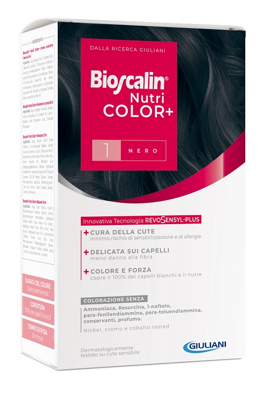 BIOSCALIN NUTRICOLOR PLUS 1 NERO CREMA COLORANTE 40 ML + RIVELATORE CREMA 60 ML + SHAMPOO 12 ML + TRATTAMENTO FINALE BALSAMO 12 ML - famajoy.it