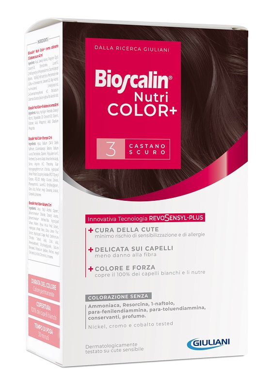 BIOSCALIN NUTRICOLOR PLUS 3 CASTANO SCURO CREMA COLORANTE 40 ML + RIVELATORE CREMA 60 ML + SHAMPOO 12 ML + TRATTAMENTO FINALE BALSAMO 12 ML - famajoy.it