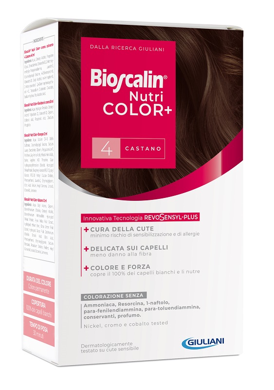 BIOSCALIN NUTRICOLOR PLUS 4 CASTANO CREMA COLORANTE 40 ML + RIVELATORE CREMA 60 ML + SHAMPOO 12 ML + TRATTAMENTO FINALE BALSAMO 12 ML - famajoy.it