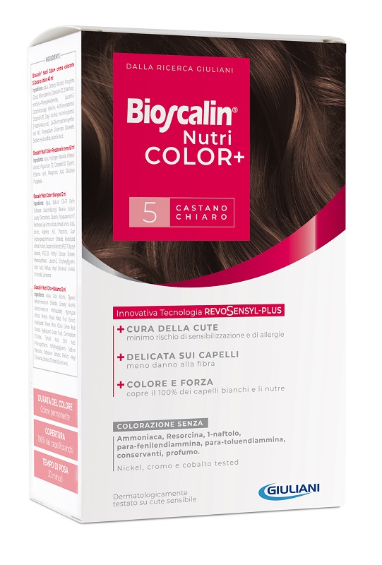 BIOSCALIN NUTRICOLOR PLUS 5 CASTANO CHIARO CREMA COLORANTE 40 ML + RIVELATORE CREMA 60 ML + SHAMPOO 12 ML + TRATTAMENTO FINALE BALSAMO 12 ML - famajoy.it