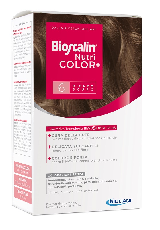 BIOSCALIN NUTRICOLOR PLUS 6 BIONDO SCURO CREMA COLORANTE 40 ML + RIVELATORE CREMA 60 ML + SHAMPOO 12 ML + TRATTAMENTO FINALE BALSAMO 12 ML - famajoy.it