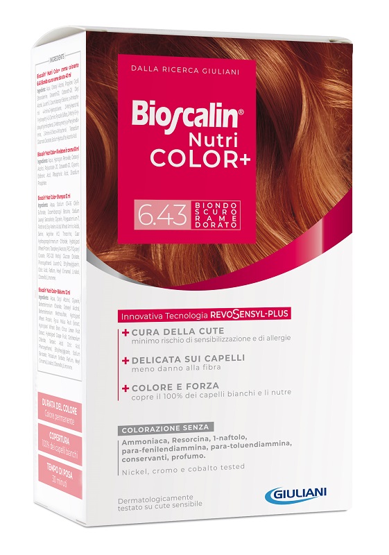 BIOSCALIN NUTRICOLOR PLUS 6,43 BIONDO SCURO RAME DORATO CREMA COLORANTE 40 ML + RIVELATORE CREMA 60 ML + SHAMPOO 12 ML + TRATTAMENTO FINALE BALSAMO 12 ML - famajoy.it