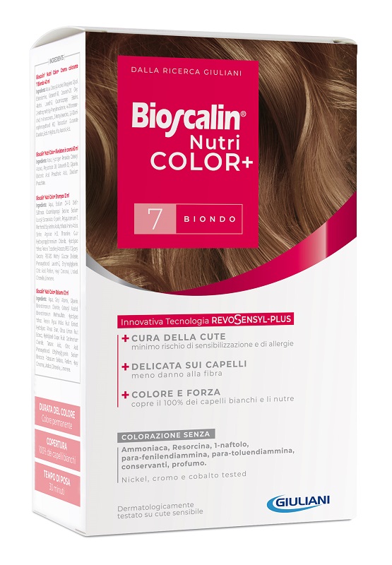 BIOSCALIN NUTRICOLOR PLUS 7 BIONDO CREMA COLORANTE 40 ML + RIVELATORE CREMA 60 ML + SHAMPOO 12 ML + TRATTAMENTO FINALE BALSAMO 12 ML - famajoy.it