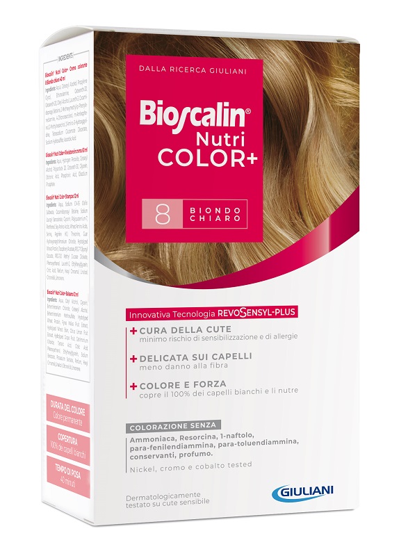 BIOSCALIN NUTRICOLOR PLUS 8 BIONDO CHIARO CREMA COLORANTE 40 ML + RIVELATORE CREMA 60 ML + SHAMPOO 12 ML + TRATTAMENTO FINALE BALSAMO 12 ML - famajoy.it