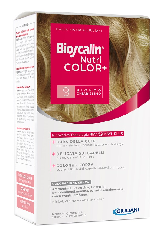 BIOSCALIN NUTRICOLOR PLUS 9 BIONDO CHIARISSIMO CREMA COLORANTE 40 ML + RIVELATORE CREMA 60 ML + SHAMPOO 12 ML + TRATTAMENTO FINALE BALSAMO 12 ML - famajoy.it