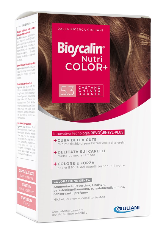 BIOSCALIN NUTRICOLOR PLUS 5,3 CASTANO CHIARO DORATO CREMA COLORANTE 40 ML + RIVELATORE CREMA 60 ML + SHAMPOO 12 ML + TRATTAMENTO FINALE BALSAMO 12 ML - famajoy.it