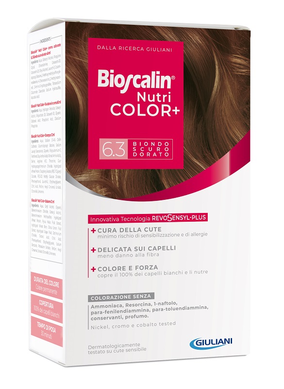 BIOSCALIN NUTRICOLOR PLUS 6,3 BIONDO SCURO DORATO CREMA COLORANTE 40 ML + RIVELATORE CREMA 60 ML + SHAMPOO 12 ML + TRATTAMENTO FINALE BALSAMO 12 ML - famajoy.it