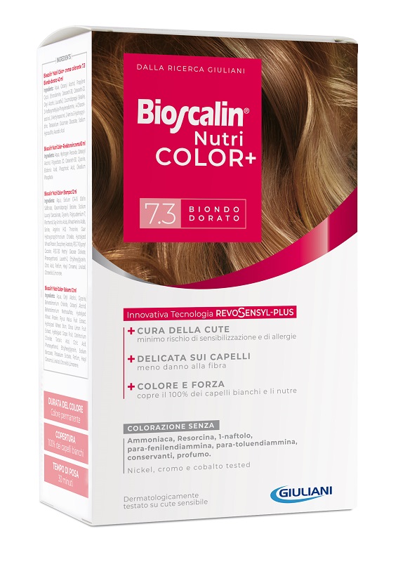 BIOSCALIN NUTRICOLOR PLUS 7,3 BIONDO DORATO CREMA COLORANTE 40 ML + RIVELATORE CREMA 60 ML + SHAMPOO 12 ML + TRATTAMENTO FINALE BALSAMO 12 ML - famajoy.it