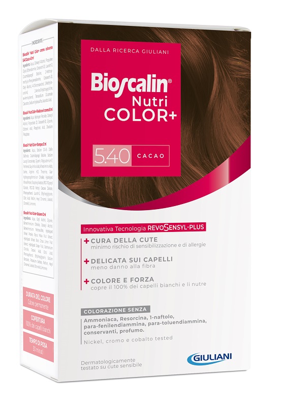 BIOSCALIN NUTRICOLOR PLUS 5,40 CACAO CREMA COLORANTE 40 ML + RIVELATORE CREMA 60 ML + SHAMPOO 12 ML + TRATTAMENTO FINALE BALSAMO 12 ML - famajoy.it