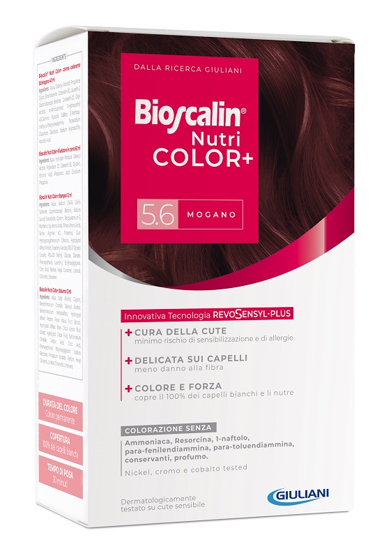 BIOSCALIN NUTRICOLOR PLUS 5,6 MOGANO CREMA COLORANTE 40 ML + RIVELATORE CREMA 60 ML + SHAMPOO 12 ML + TRATTAMENTO FINALE BALSAMO 12 ML - famajoy.it