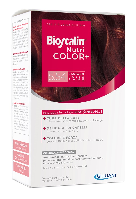 BIOSCALIN NUTRICOLOR PLUS 5,54 CASTANO ROSSO RAME CREMA COLORANTE 40 ML + RIVELATORE CREMA 60 ML + SHAMPOO 12 ML + TRATTAMENTO FINALE BALSAMO 12 ML - famajoy.it