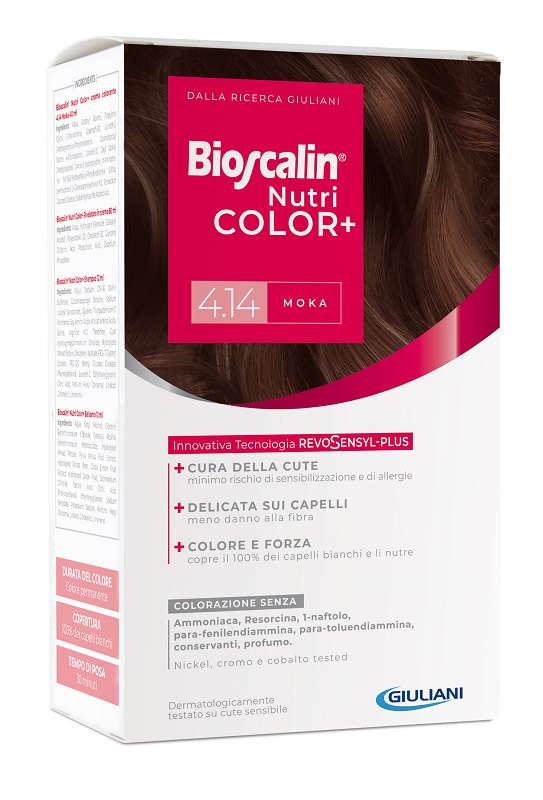 BIOSCALIN NUTRICOLOR PLUS 4,14 MOKA CREMA COLORANTE 40 ML + RIVELATORE CREMA 60 ML + SHAMPOO 12 ML + TRATTAMENTO FINALE BALSAMO 12 ML - famajoy.it