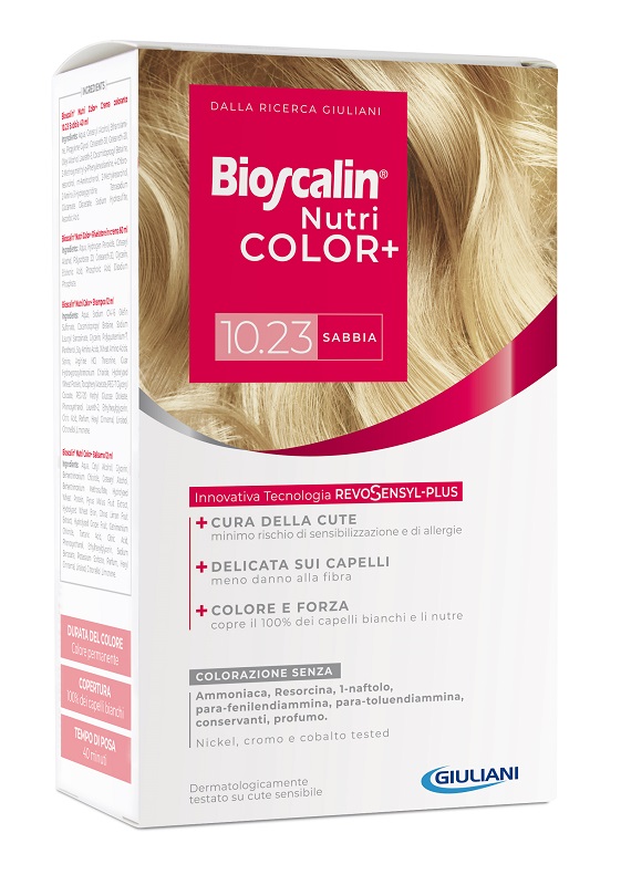 BIOSCALIN NUTRICOLOR PLUS 10,23 SABBIA CREMA COLORANTE 40 ML + RIVELATORE CREMA 60 ML + SHAMPOO 12 ML + TRATTAMENTO FINALE BALSAMO 12 ML - famajoy.it