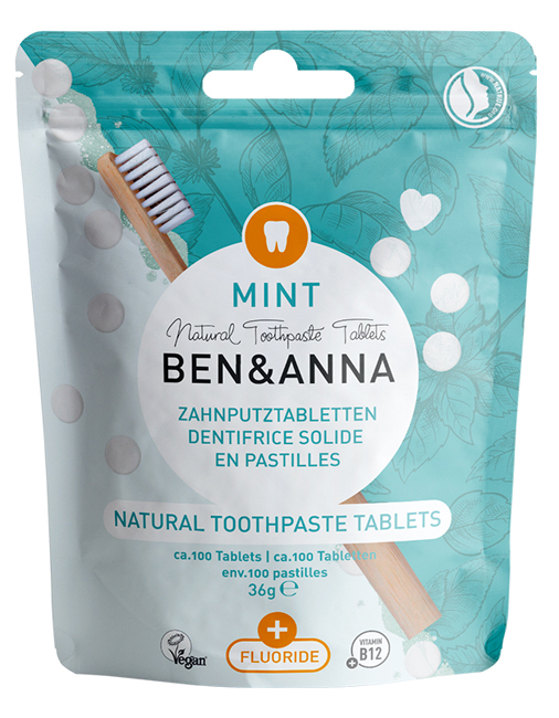 BEN&ANNA NATURAL TOOTHPASTE ALLA MENTA CON FLUORO 100 TAVOLETTE - famajoy.it