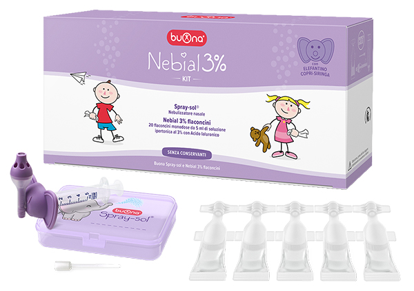 NEBIAL 3% KIT 20 FLACONCINI MONODOSE 5ML SOLUZIONE IPERTONICA CON ACIDO IALURONICO + NEBULIZZATORE SPRAY-SOL - famajoy.it