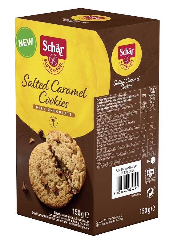 SCHAR SALTED CARAMEL COOKIES CON GOCCE DI CIOCCOLATO AL LATTE E CARAMELLO 150 G - famajoy.it